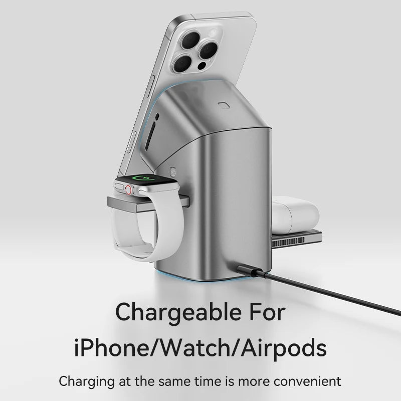 Chargeur sans-fil Qi2 3-en-1 : recharge rapide 15W pour iPhone 12 à 16, Apple Watch et AirPods. Fixation magnétique pour un alignement parfait, design compact et moderne. Gardez tous vos appareils organisés et chargés en même temps.
