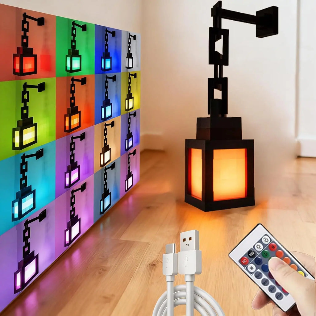 Pixelated Lantern LED Night Light 16-Color LED Wall Mood Night Light with Touch Switch & Remote Control, Rechargeable Table & W