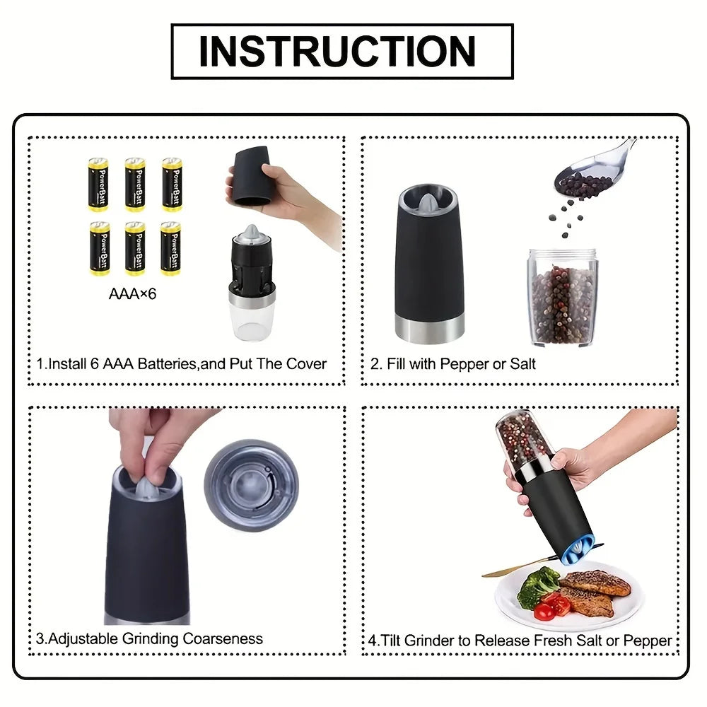 Pepper Grinder, Household Sea Salt Grinder, Electric Adjustable Spice Grinder, Reusable Pepper Crusher, Kitchen Gadget, Adjustable Coarseness, Battery-Powered Led Light, One-Handed Automatic Operation, Suitable for Any Occasi