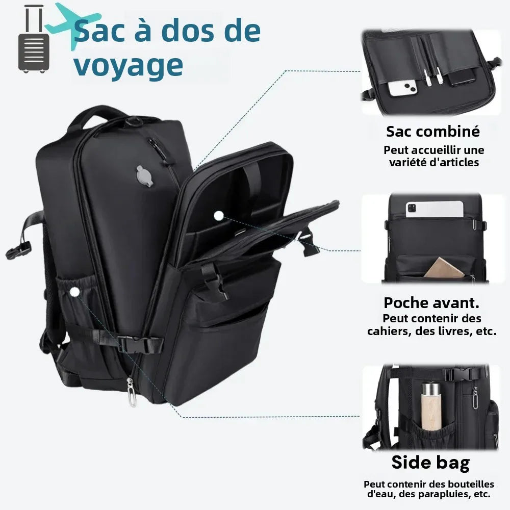 Sac à dos étanche avec système de compression sous vide, grande capacité et compartiment pour ordinateur. Design moderne, rangement organisé et fermeture anti-vol pour protéger les effets personnels lors des déplacements.