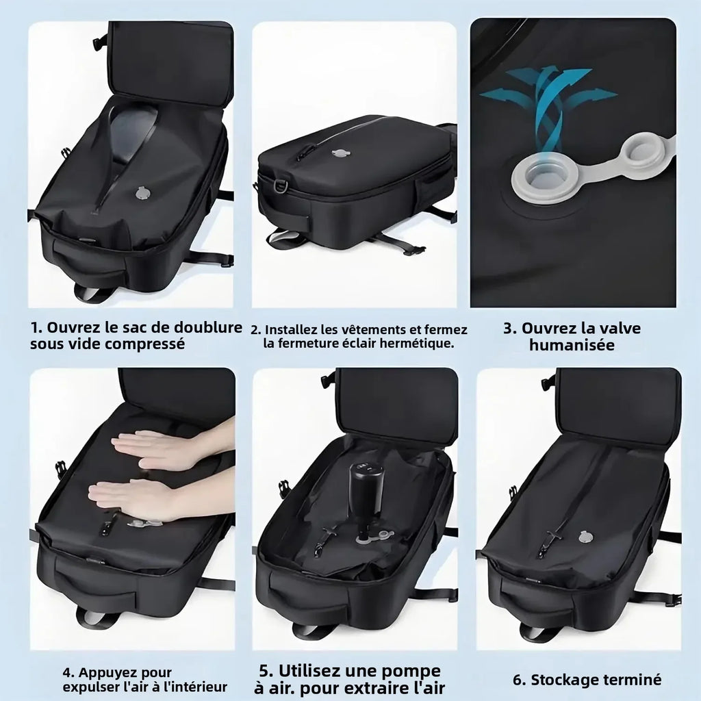 Sac à dos étanche avec système de compression sous vide, grande capacité et compartiment pour ordinateur. Design moderne, rangement organisé et fermeture anti-vol pour protéger les effets personnels lors des déplacements.