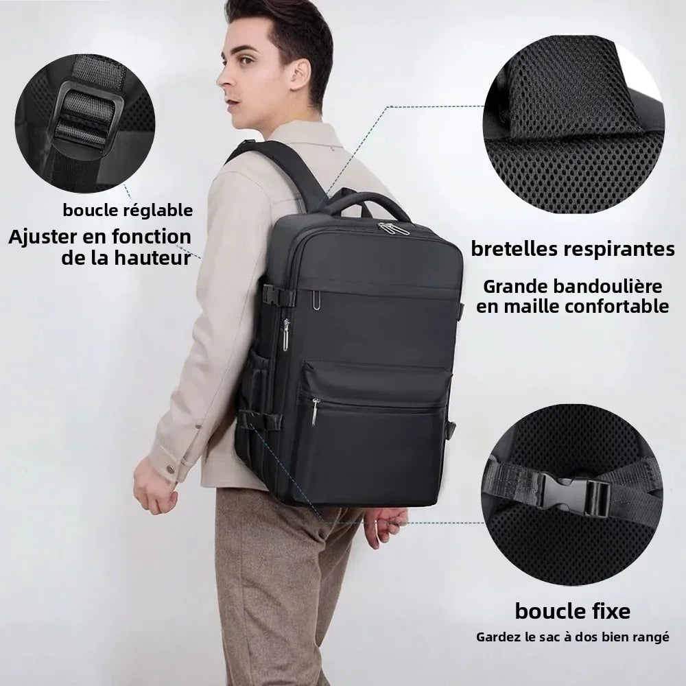 Sac à dos étanche avec système de compression sous vide, grande capacité et compartiment pour ordinateur. Design moderne, rangement organisé et fermeture anti-vol pour protéger les effets personnels lors des déplacements.