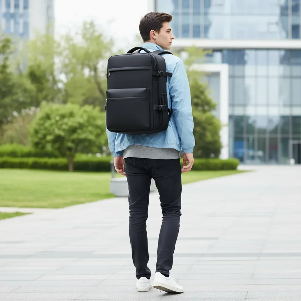 Sac à dos étanche avec système de compression sous vide, grande capacité et compartiment pour ordinateur. Design moderne, rangement organisé et fermeture anti-vol pour protéger les effets personnels lors des déplacements.