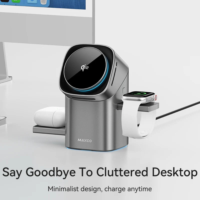 Chargeur sans-fil Qi2 3-en-1 : recharge rapide 15W pour iPhone 12 à 16, Apple Watch et AirPods. Fixation magnétique pour un alignement parfait, design compact et moderne. Gardez tous vos appareils organisés et chargés en même temps.