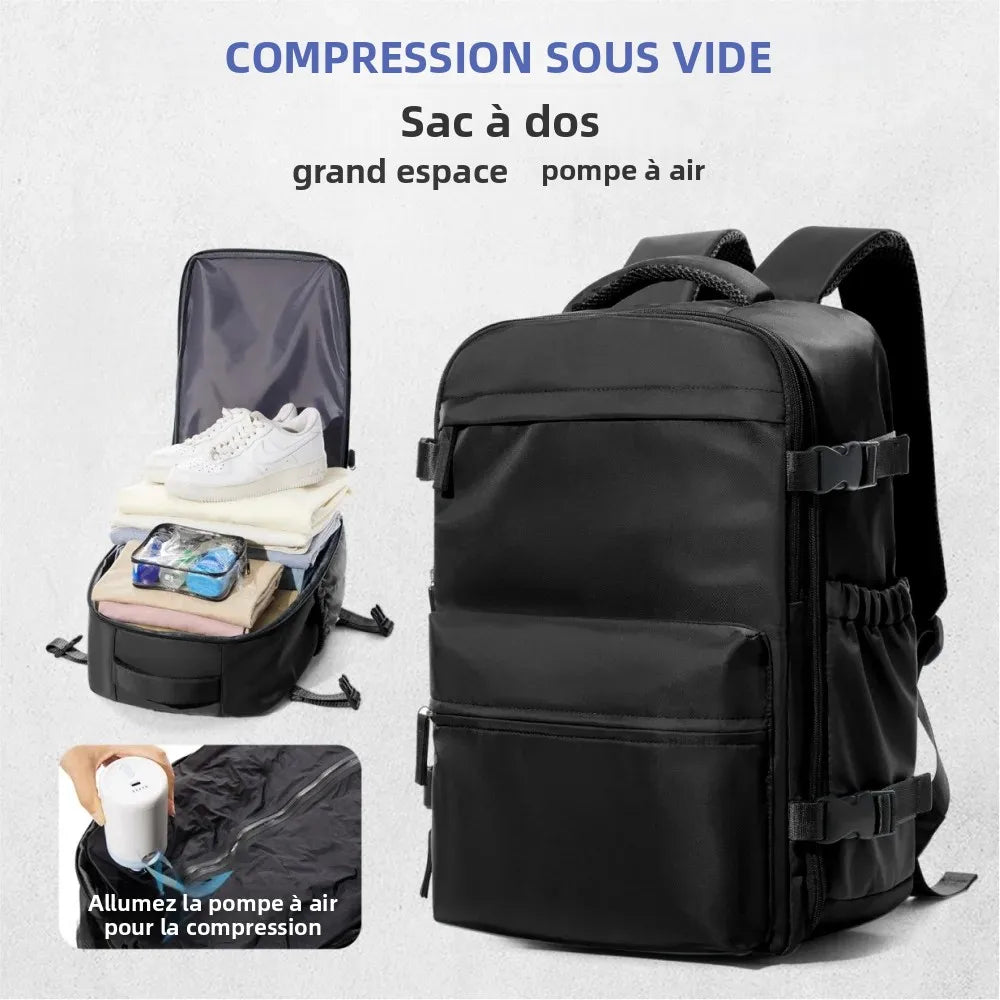 Sac à dos étanche avec système de compression sous vide, grande capacité et compartiment pour ordinateur. Design moderne, rangement organisé et fermeture anti-vol pour protéger les effets personnels lors des déplacements.